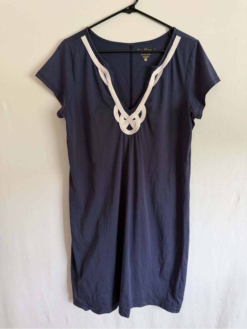 Lilly Pulitzer T-Shirt Dress Womens XL Blue Pima Cotton Rope Detail V-Neck